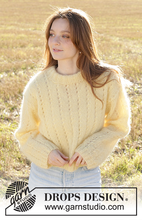 Sunshine Trail / DROPS 249-5 - Knitted sweater in 3 strands DROPS Kid-Silk. The piece is worked bottom up with lace pattern and double neck. Sizes XS - XXL.