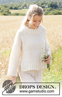 White Bay Ridge / DROPS 250-24 - Knitted sweater in DROPS Melody. The piece is worked top down with diagonal/ European shoulders, split in sides and double neck. Sizes XS - XXL.