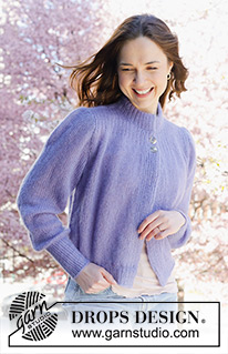 Violet Falls Cardigan / DROPS 250-30 - Rozpinany sweter na drutach, przerabiany od dołu do góry, 2 nitkami włóczki DROPS Kid-Silk. Z wszywanymi bufiastymi rękawami i podwójnym wykończeniem dekoltu. Od S do XXXL