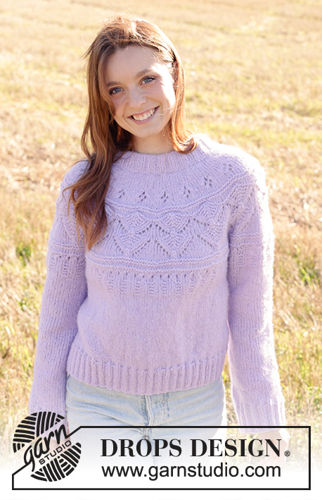 Lavender Harvest / DROPS 250-35 - Knitted jumper in DROPS Air. Piece is knitted top down with double neck edge, round yoke and lace pattern. Size: S - XXXL