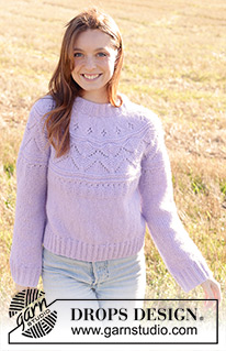 Lavender Harvest / DROPS 250-35 - Knitted sweater in DROPS Air. Piece is knitted top down with double neck edge, round yoke and lace pattern. Size: S - XXXL