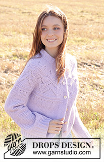 Lavender Harvest Cardigan / DROPS 250-36 - Knitted jacket in DROPS Air. The piece is worked top down with double neck, round yoke, lace-pattern and I-cord. Sizes S - XXXL.