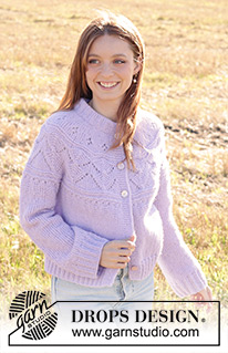 Lavender Harvest Cardigan / DROPS 250-36 - Gilet tricoté de haut en bas, en DROPS Air. Se tricote avec col doublé, empiècement arrondi, point ajouré et bordure I-cord. Du S au XXXL.