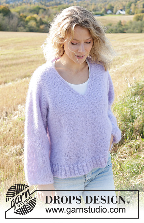 Spring Iris / DROPS 250-39 - Knitted sweater in DROPS Melody. Piece is knitted top down with European shoulder / diagonal shoulder, V-neck and I-Cord. Size XS – XXL.