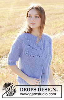 Floral Lake Cardigan / DROPS 250-40 - Knitted jacket in DROPS Brushed Alpaca Silk. Piece is knitted top down with round yoke, lace pattern, I-cord and ¾ sleeves. Size: S - XXXL