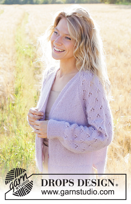 Afternoon in Provence Cardigan / DROPS 250-6 - Knitted jacket in DROPS Alpaca or DROPS Nord and DROPS Kid-Silk. Piece is knitted top down with V-neck, raglan, lace pattern, balloon sleeves and vents in the sides. Size: S - XXXL