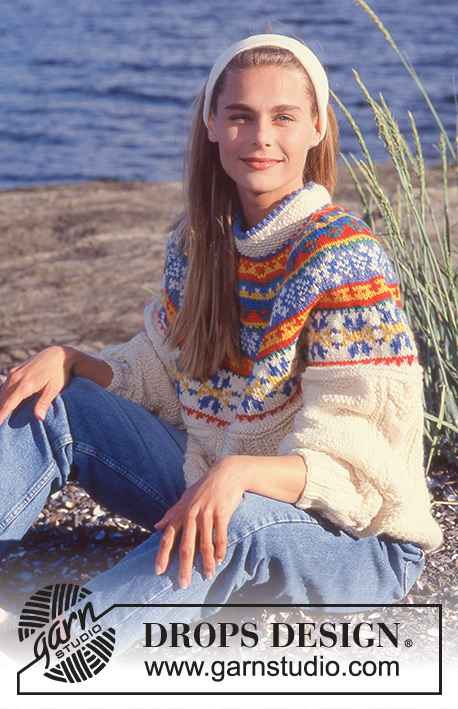 Life in Colour / DROPS 27-11 - Sweter na drutach, z warkoczami, ściegiem ryżowym i żakardem na karczku, z włóczki DROPS Alaska. Rozmiar M.
