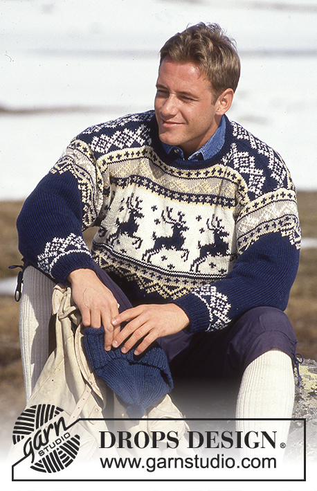Essential Winter / DROPS 32-10 - Stickad tröja i DROPS Karisma till herr med nordiskt mönster och renar + luva