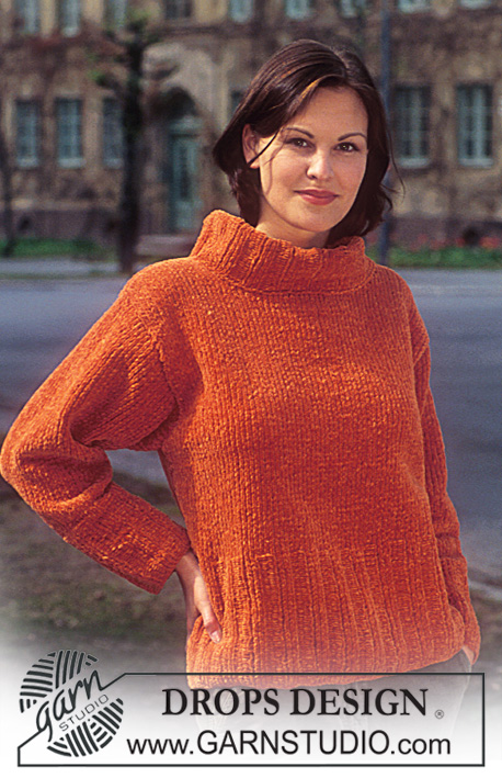DROPS 48-15 - Sweter na drutach z wysokim wykończeniem dekoltu, z włóczki DROPS Cotton Chenille. Od S do L.