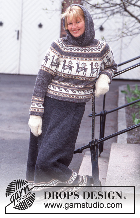 Dashing Through the Snow / DROPS 63-16 - Knitted jumper with raglan, hood and Nordic pattern in DROPS Angora-Tweed or Soft Tweed. Skirt in Karisma and mittens in Alaska