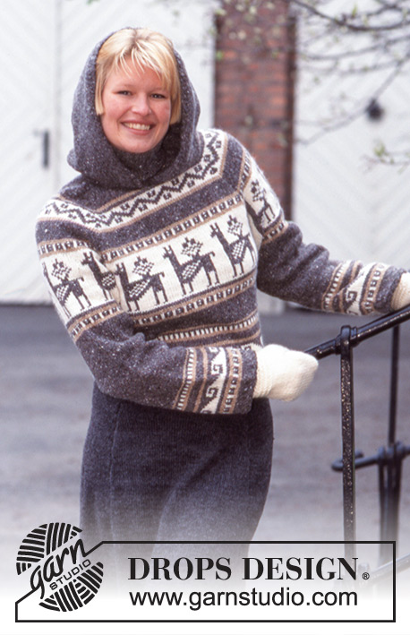 Dashing Through the Snow / DROPS 63-16 - Knitted jumper with raglan, hood and Nordic pattern in DROPS Angora-Tweed or Soft Tweed. Skirt in Karisma and mittens in Alaska
