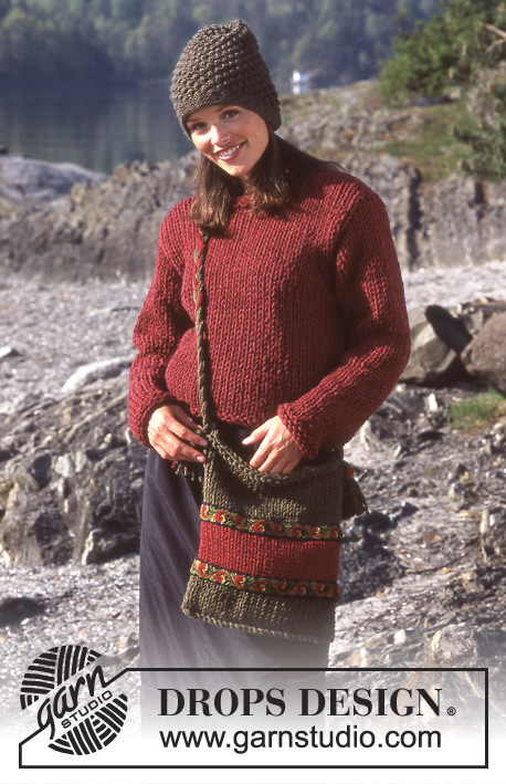 Autumn Cranberries / DROPS 67-22 - DROPS Pullover or cardigan and purse in Igloo. Hat in Alaska.