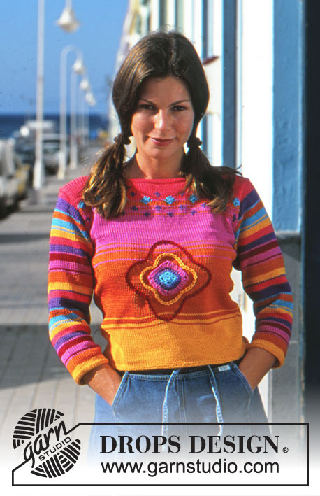 That Seventies Spell / DROPS 68-22 - Colourful knitted DROPS jumper in Muskat with ¾-length sleeves