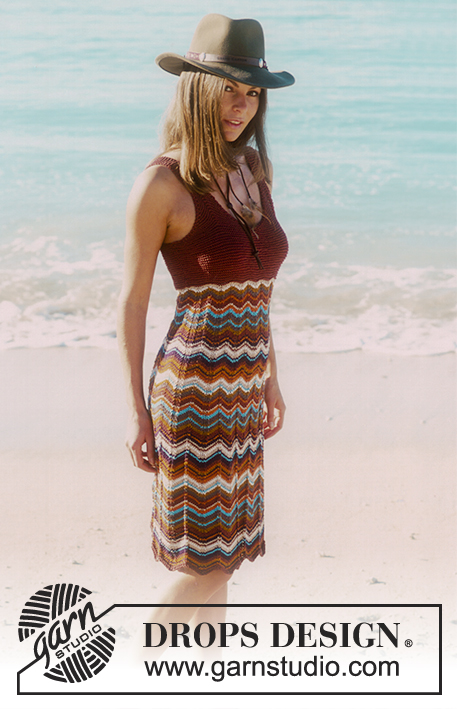 Beach Mermaid / DROPS 68-23 - DROPS kjole i Muskat med sikksakkborder og rillestrikket brystparti