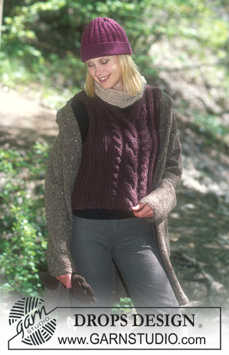 DROPS 71-2 - Long DROPS jacket with cables, hood and pockets in Ull-Tweed. DROPS sleeveless top in “Igloo”. DROPS hat with cables in Karisma Superwash. DROPS scarf in English rib in Highlander. Size: S/M - M/L - XL