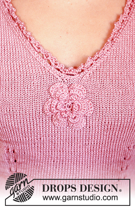 Ruffle Rose / DROPS 74-11 - Knitted DROPS top in Cotton Viscose with crochet flower on front.