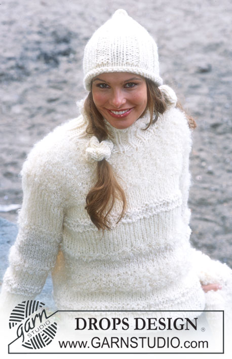 Winter Pearl / DROPS 79-5 - DROPS Pullover in 4 yarns, Hat and Hair Scrunchy in Snow