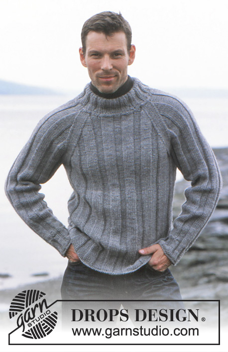Of The Sea / DROPS 85-2 - Pull homme tricoté avec emmanchures raglan et côtes, en DROPS Alaska. Écharpe en DROPS Snow. Du 12 ans au XXL.