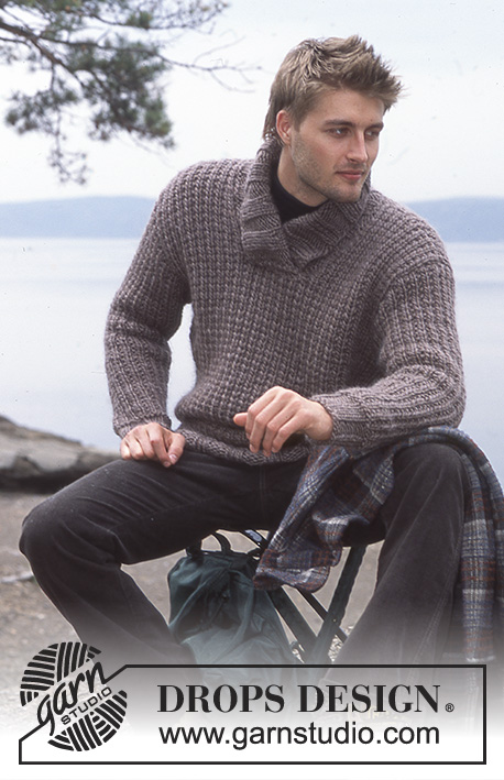 Wallander / DROPS 85-8 - Men's knitted pullover with shawl collar and texture in DROPS Snow 
