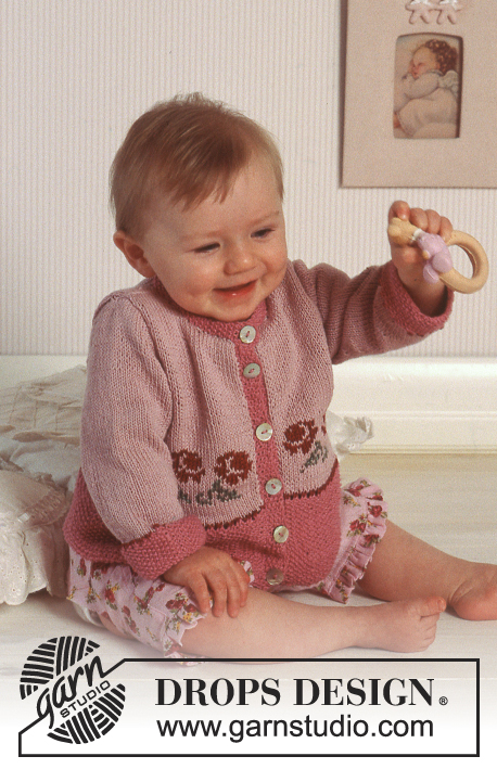 Rosy Cheeks / DROPS Baby 11-1 - Strikket jakke til baby i DROPS Safran og DROPS Cotton Viscose. Arbejdet strikkes med rosemønster. Størrelse 1 mnd - 2 år.