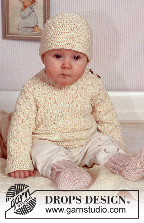 Sweet Molly / DROPS Baby 11-11 - Pulli mit Strukturmuster und Mütze in Safran. Socken in Angora-Tweed. Decke in  Karisma Superwash. 

