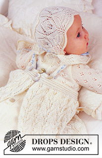 Angel Kissed / DROPS Baby 11-15 - Conjunto Drops de cerimónia: Vestido de baptismo, touca e babygrow