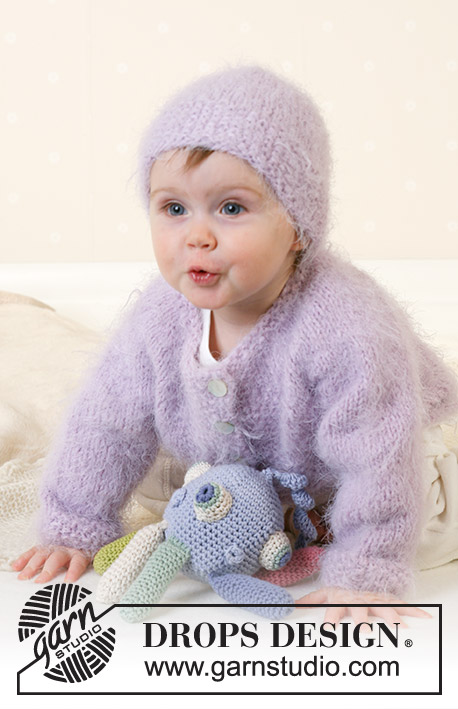 Baby Sofie / DROPS Baby 13-11 - Jacket with round yoke, hat, soft toy and blanket in Symphony or Melody