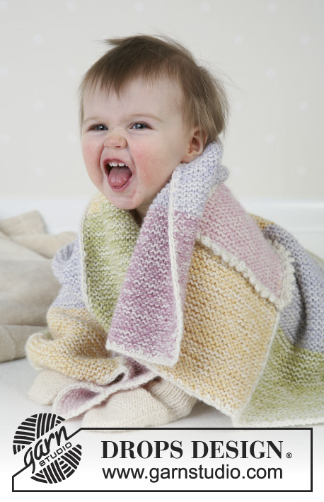 Pastel Checkers / DROPS Baby 14-19 - Gebreide deken met kleurrijke vierkanten in ribbelsteek, in 2 draden DROPS Alpaca. Thema: babydeken