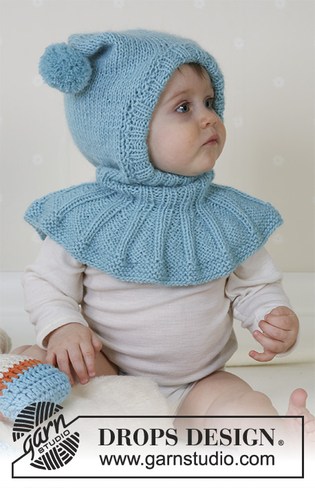Funny Jester / DROPS Baby 14-28 - Capuz / Balaclava  em tricô com gola e pompons em Drops Alpaca para bebés e crianças. Tamanhos: 1 mês - 4 anos.