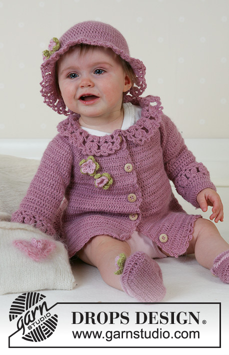 Little Miss Berry Cardigan / DROPS Baby 14-5 - Crochet cardigan with round yoke and lace collar, summer hat and slippers in DROPS Alpaca. Sizes for baby and children, 1 month to 4 years.