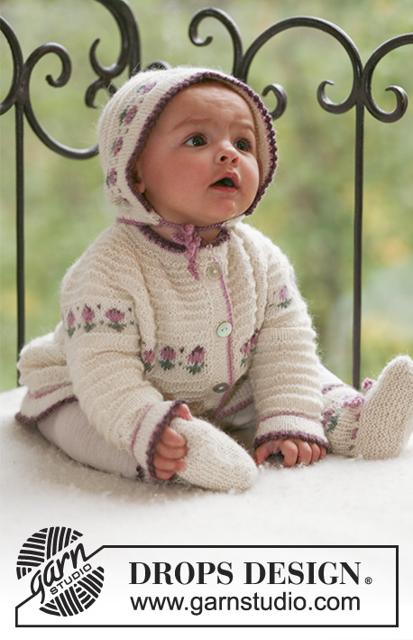 Easter Finest / DROPS Baby 17-14 - Ensemble au tricot pour bébé et enfant: veste avec empiècement arrondi, Bonnet et Chaussons avec jacquard fleurs, en DROPS Alpaca