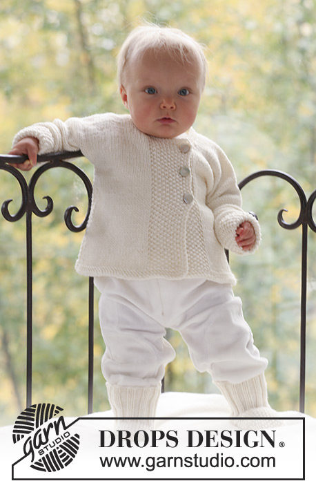 Miss Mossy / DROPS Baby 18-10 - Set of knitted jacket and socks in moss st for baby and children, in DROPS Merino Extra Fine