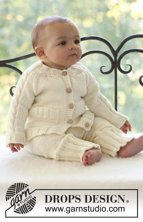 Vanilla Sprite / DROPS Baby 18-4 - Set of knitted cable jacket with raglan sleeve and pants for baby and children in DROPS Merino Extra Fine