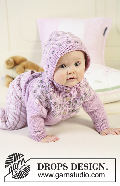 Strawberry Cheeks / DROPS Baby 19-1 - Set of knitted jacket with raglan sleeves and turtle neck, bonnet and socks with Nordic pattern for baby and children in DROPS Merino Extra Fine