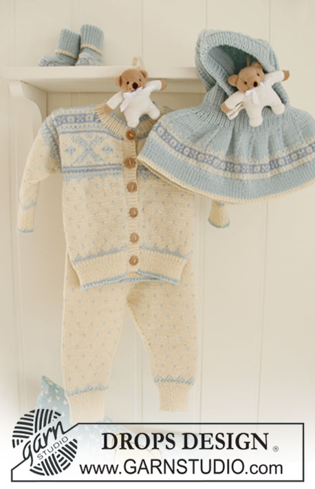 Jonas Booties / DROPS Baby 19-26 - Set med stickad kofta, byxor, mössa och sockor med nordiskt mönster till baby och barn i DROPS BabyMerino