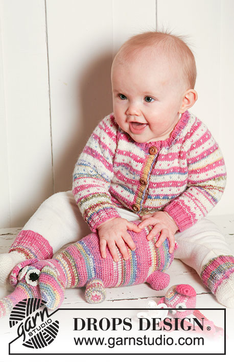 Carnival Star / DROPS Baby 19-4 - Set of knitted jacket with stripes, dots and raglan plus socks for baby and children in DROPS Fabel. Matching crochet plushie and pacifier leash in DROPS Fabel and DROPS Merino Extra Fine.
