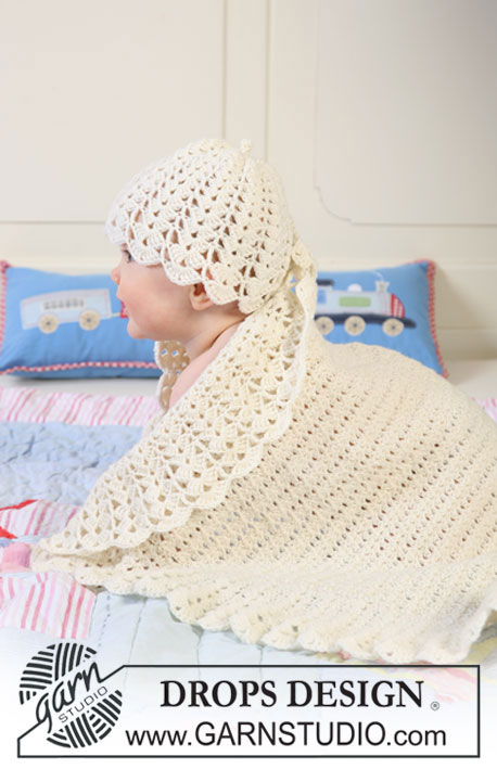 Sweet Buttercup Blanket / DROPS Baby 19-6 - Set of crochet blanket with wide edge in fan pattern and hat for baby and children in DROPS BabyMerino Theme: Baby blanket