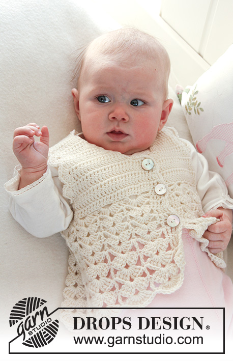 Sweet Buttercup Vest / DROPS Baby 19-7 - Virkad väst med solfjädersmönster till baby och barn i DROPS BabyMerino