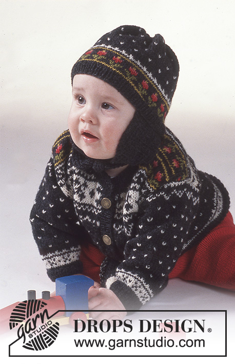 Funny Frederic / DROPS Baby 2-11 - Veste DROPS style norvégien, Pantalon, Chaussons et Bonnet en Camelia