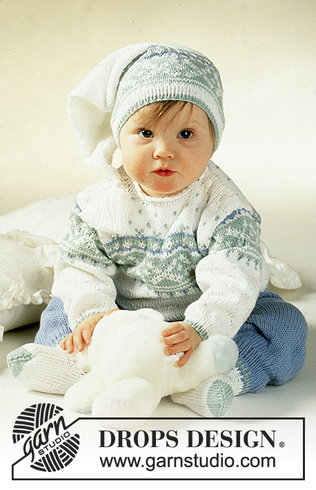 Nighty Night / DROPS Baby 2-13 - DROPS jumper with star pattern, pants, hat, socks and mittens.