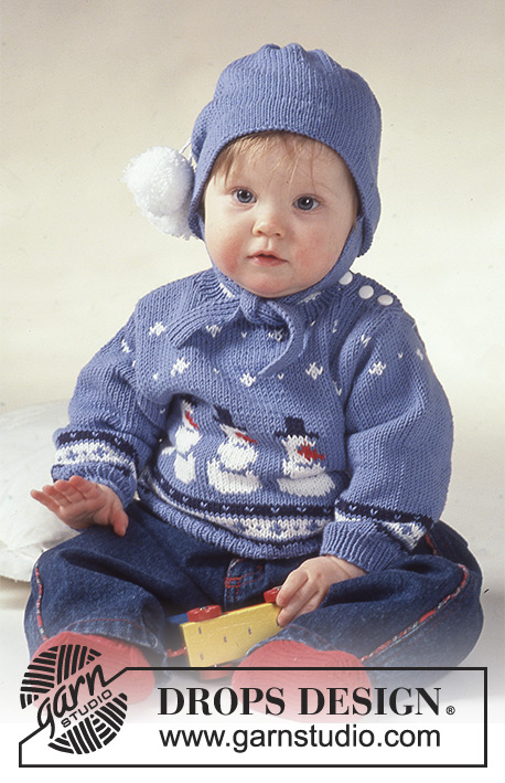 Fun with Frosty / DROPS Baby 2-8 - Gestrickter Pullover mit Wintermotiv / Weihnachtspullover mit Schneemännern in DROPS Camelia oder DROPS Safran. Größe 3 Monate - 3 Jahre.