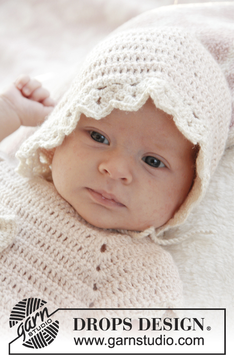 Camille / DROPS Baby 25-14 - Virkad hätta med solfjädersmönster till baby i DROPS BabyAlpaca Silk. Stl 0 - 4 år