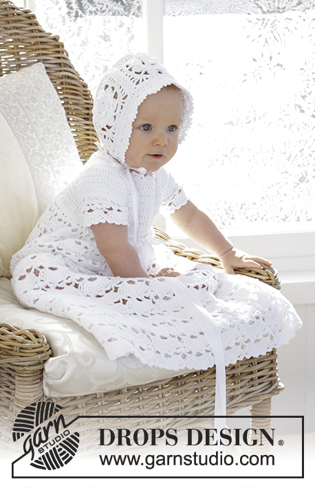 So Charming / DROPS Baby 29-3 - The baby set is made up of: Dress for Christening or special occasions, worked top down with raglan and open fan pattern in DROPS Safran. Crochet hat with flower squares and fan edge in DROPS Safran. Sizes 0 - 2 years.