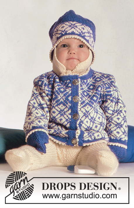 Winter Star / DROPS Baby 3-11 - Sweterek rozpinany DROPS z żakardem norweskim, spodenki, czapka i rękawiczki z włóczki BabyMerino