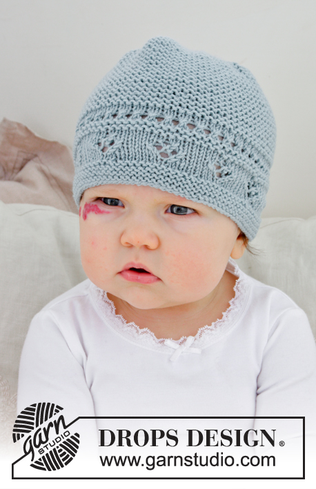 Odeta Hat / DROPS Baby 31-2 - Bonnet tricoté pour bébé, avec point ajouré et point mousse, en DROPS BabyMerino. De la taille (= prématuré) au 4 ans.