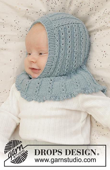 Warm Smiles / DROPS Baby 33-10 - Capuz / Balaclava  tricotado para bebé em DROPS Baby Merino, com ponto rendado. Tamanhos : prematuro - 2 anos
