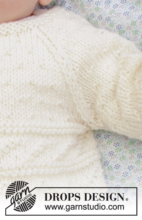 Precious Moments / DROPS Baby 33-11 - Gilet bébé tricoté de bas en haut en point texturé, avec emmanchures raglan, en DROPS Merino Extra Fine. Taille préma au 3/4 ans.