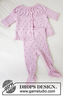 Pink Petals / DROPS Baby 33-13 - Gebreid vest en broek in DROPS BabyMerino. Het vest wordt van boven naar beneden gebreid met bladpatroon, ronde pas en A-lijn. De broek wordt gebreid van boven naar beneden met kantpatroon. 
Maat: Prematuur - 2 jaar.