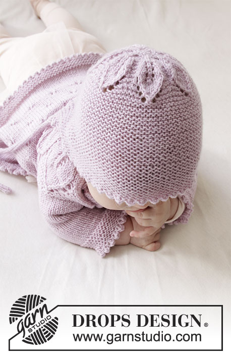 Pink Petals Hat / DROPS Baby 33-14 - Gebreid mutsje voor baby’s met bladpatroon en ribbelsteek in DROPS BabyMerino. Maten 0-24 maanden.