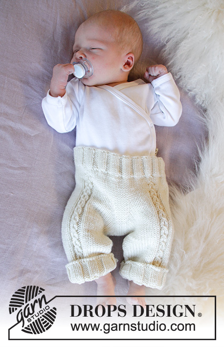 Little Cherub Pants / DROPS Baby 33-18 - Knitted pants for baby in DROPS Merino Extra Fine. Piece is knitted top down with false cables. Size 1 month - 4 years